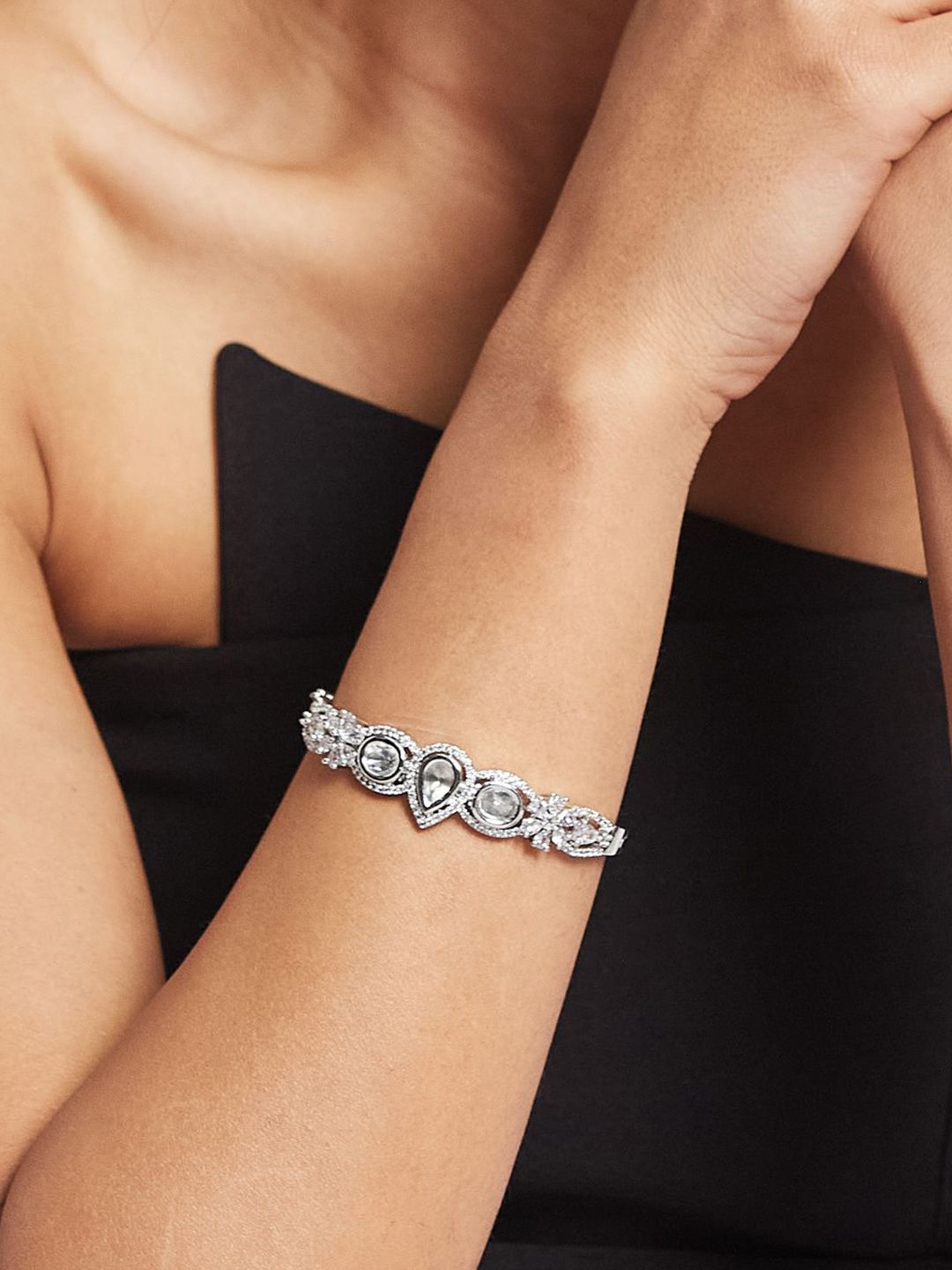 ATIBELLE Women 2 Brass Cubic Zirconia Silver-Plated Bangle-Style Bracelet