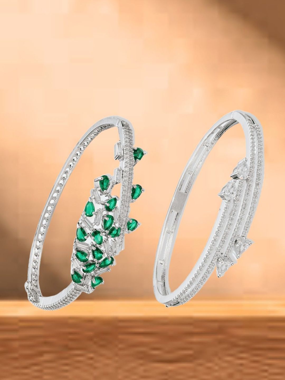 ATIBELLE Women 2 Brass Cubic Zirconia Silver-Plated Bangle-Style Bracelet