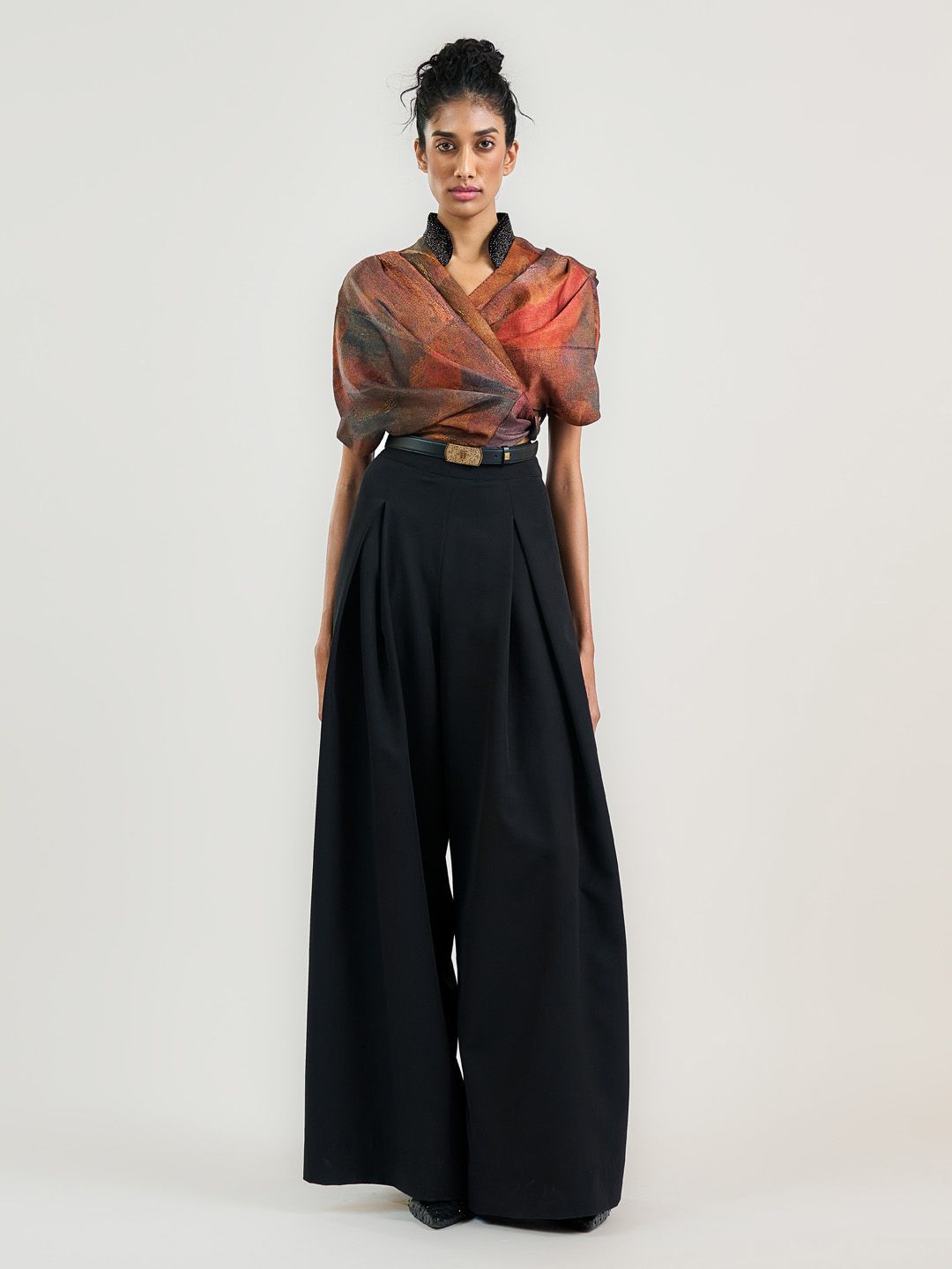 OTT Tarun Tahiliani Printed Linen Cuffed Sleeves Wrap Top-picture-12