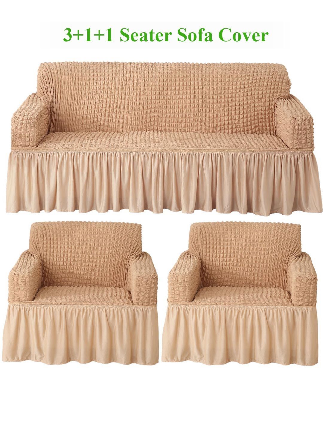 HOKIPO Beige Solid 5 Seater Fully Covered Stretchable Sofa Cover-image-0
