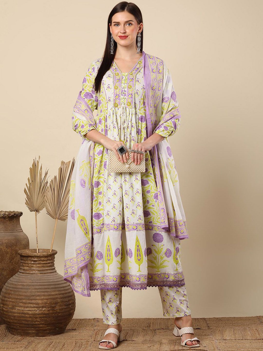 Black Floral Printed Pure Cotton Anarkali Kurta With Trousers & Dupatta