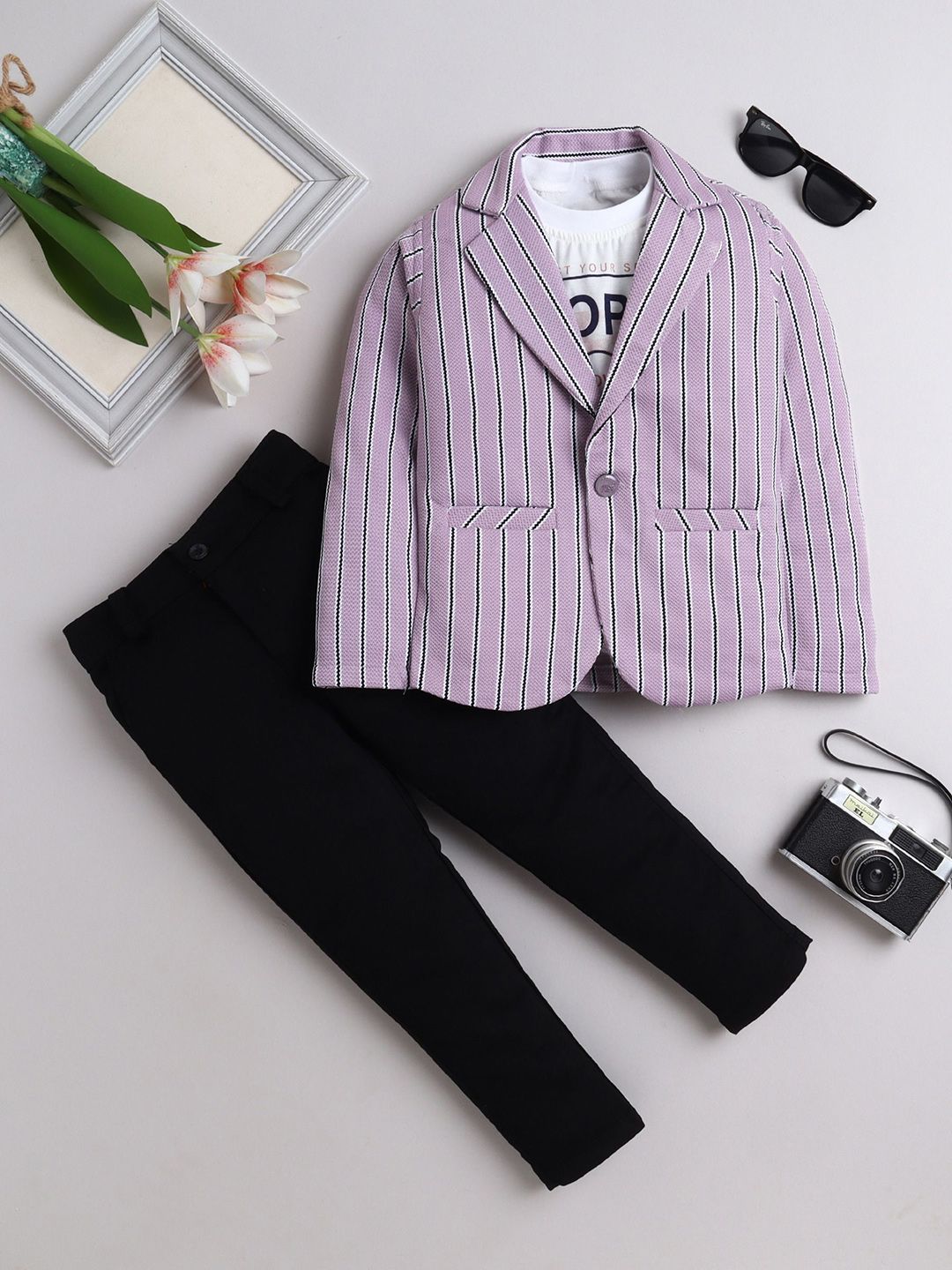 FOURFOLDS Boys Striped Blazer Trousers & T-Shirt 3-Piece Party Suits-picture-18