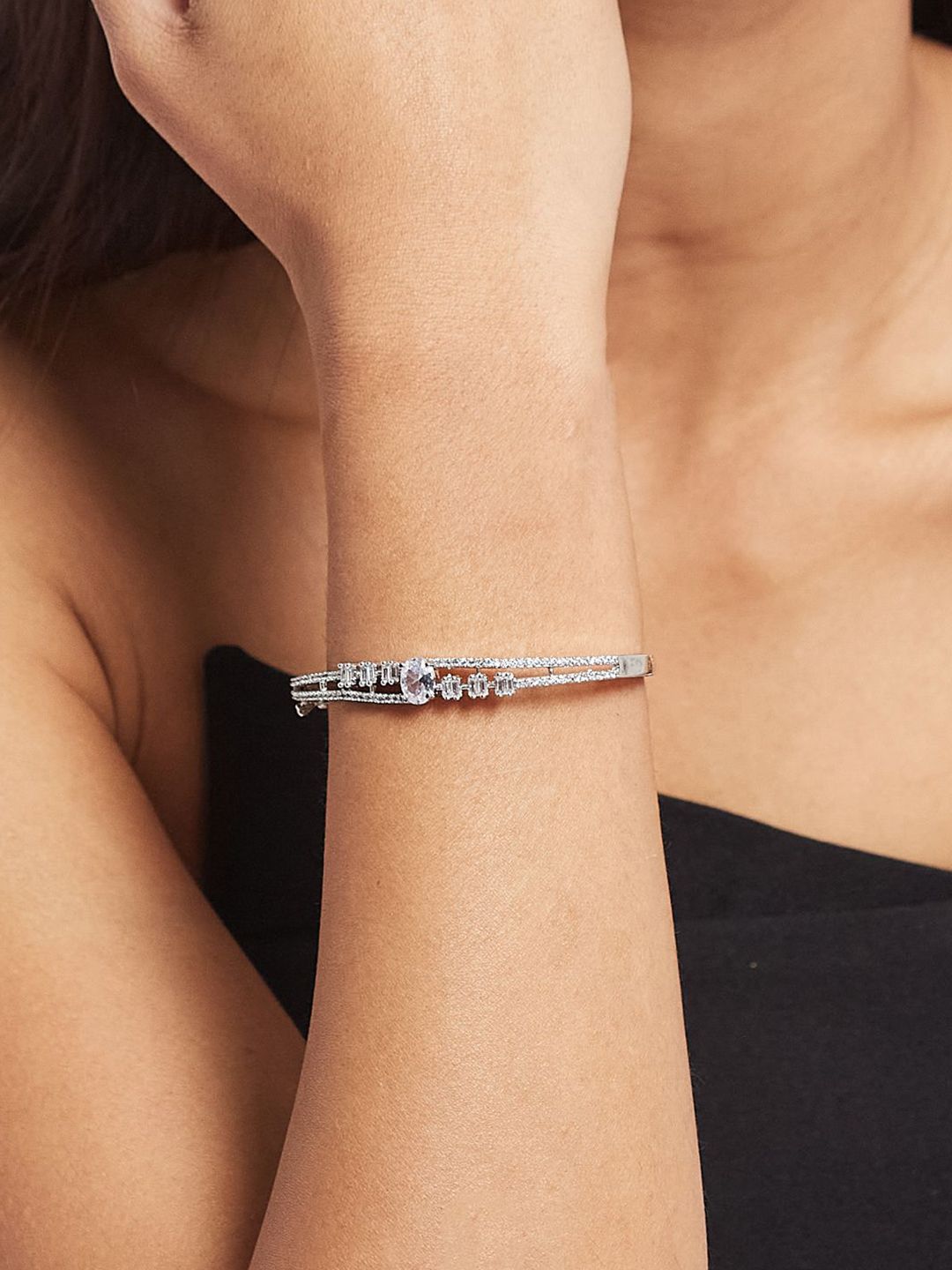 ATIBELLE Women 2 Brass Cubic Zirconia Silver-Plated Cuff Bracelet
