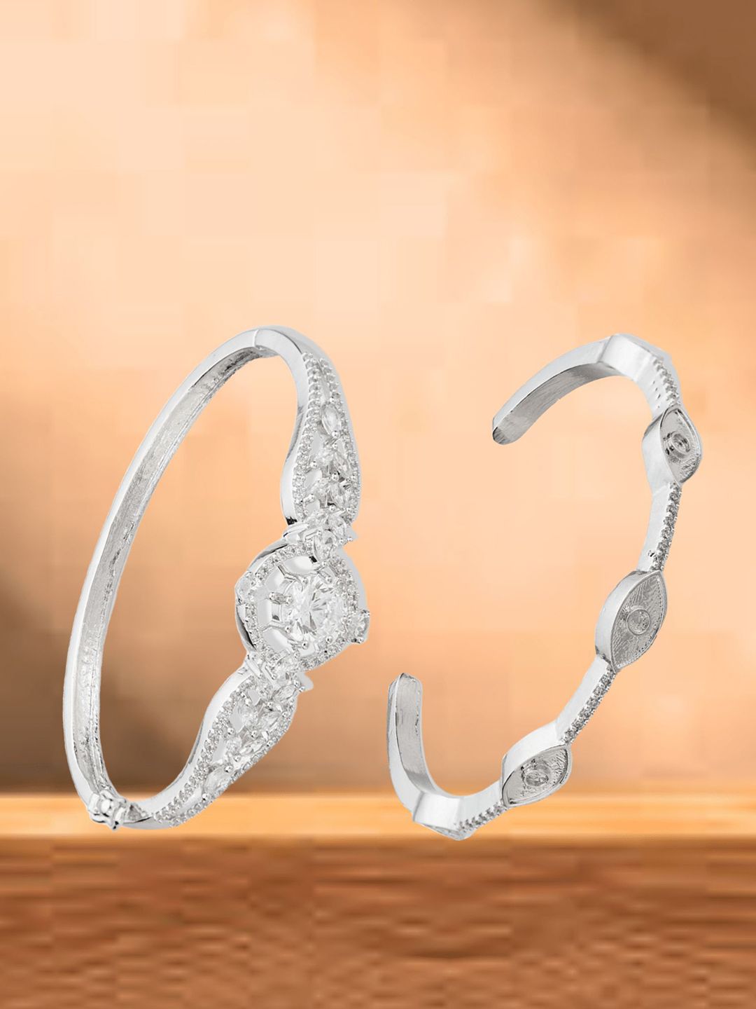 ATIBELLE Women 2 Brass Cubic Zirconia Silver-Plated Bangle-Style Bracelet