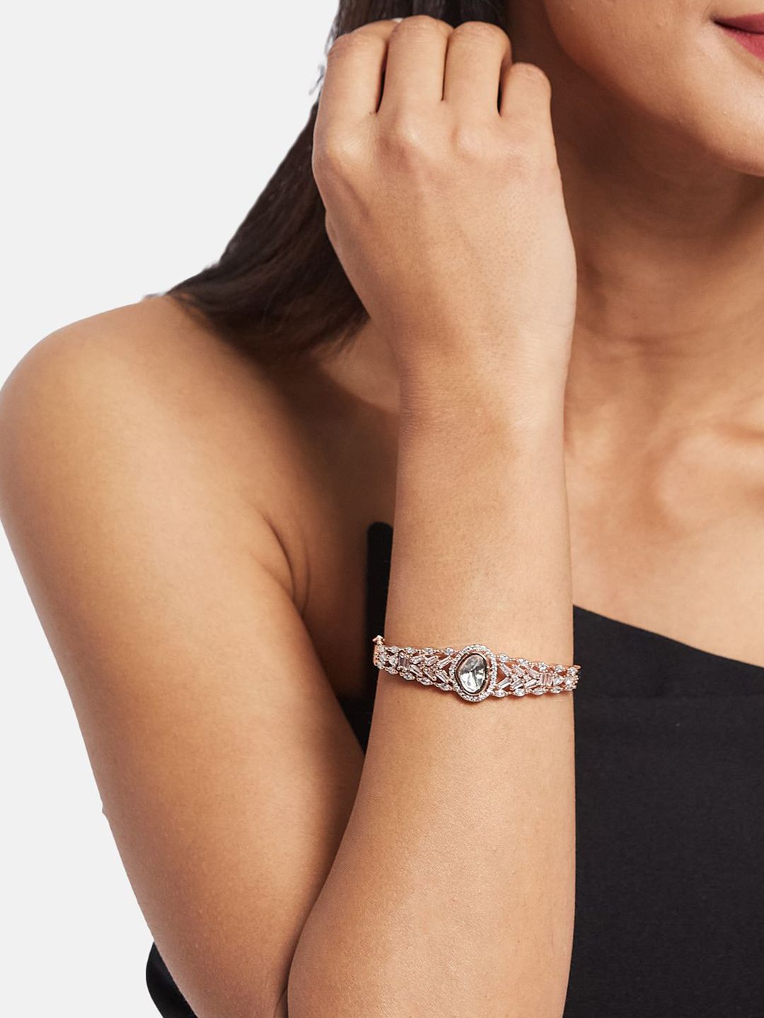 ATIBELLE Women 2 Brass Cubic Zirconia Rose Gold-Plated Bangle-Style Bracelet