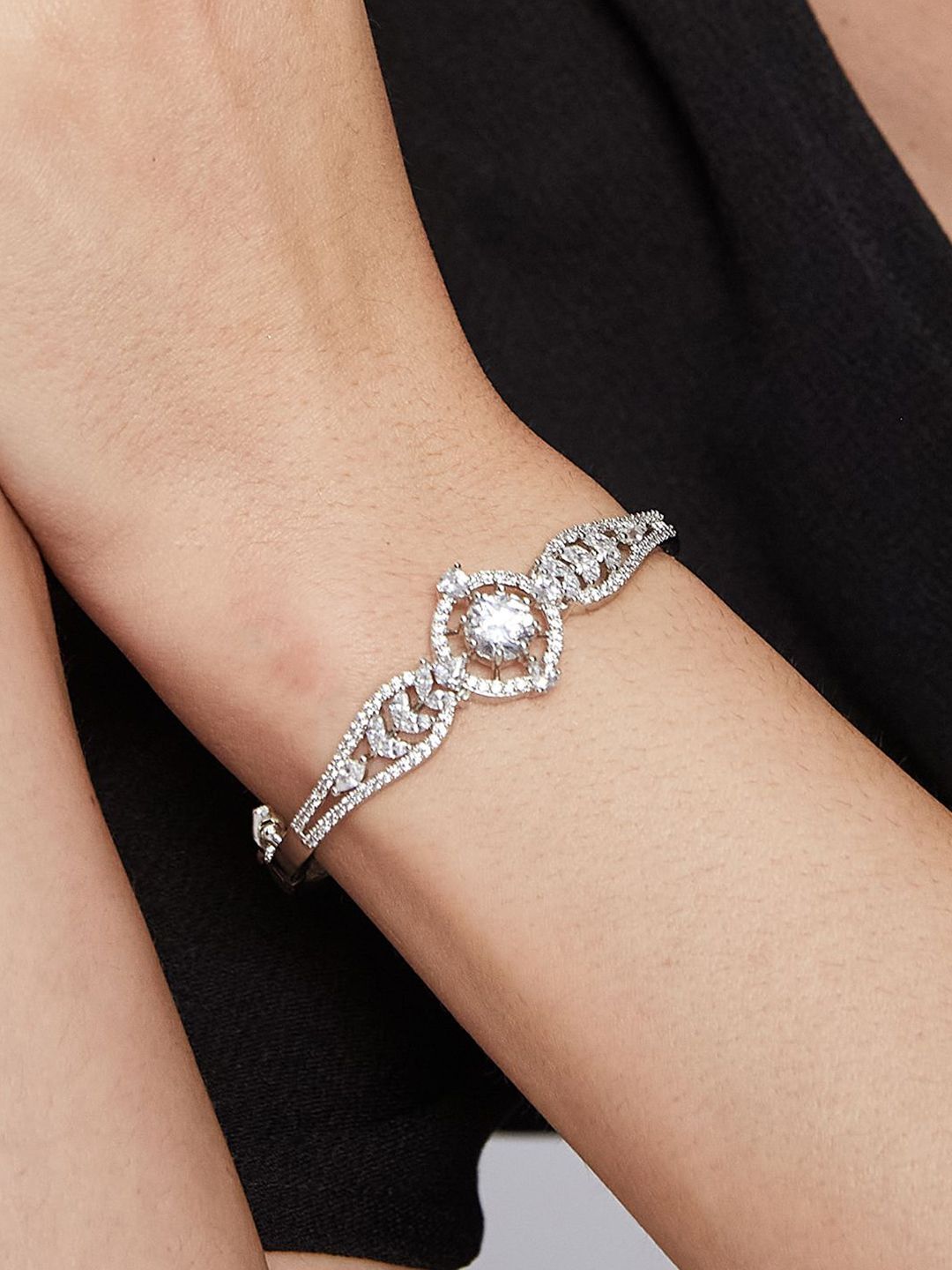 ATIBELLE Women 2 Brass Cubic Zirconia Silver-Plated Bangle-Style Bracelet
