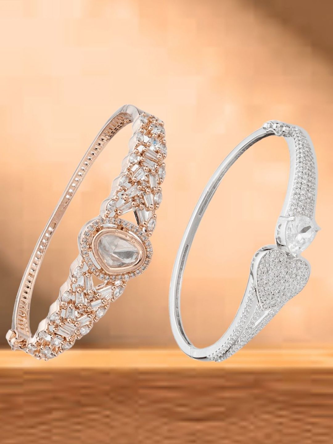 ATIBELLE Women 2 Brass Cubic Zirconia Rose Gold-Plated Bangle-Style Bracelet