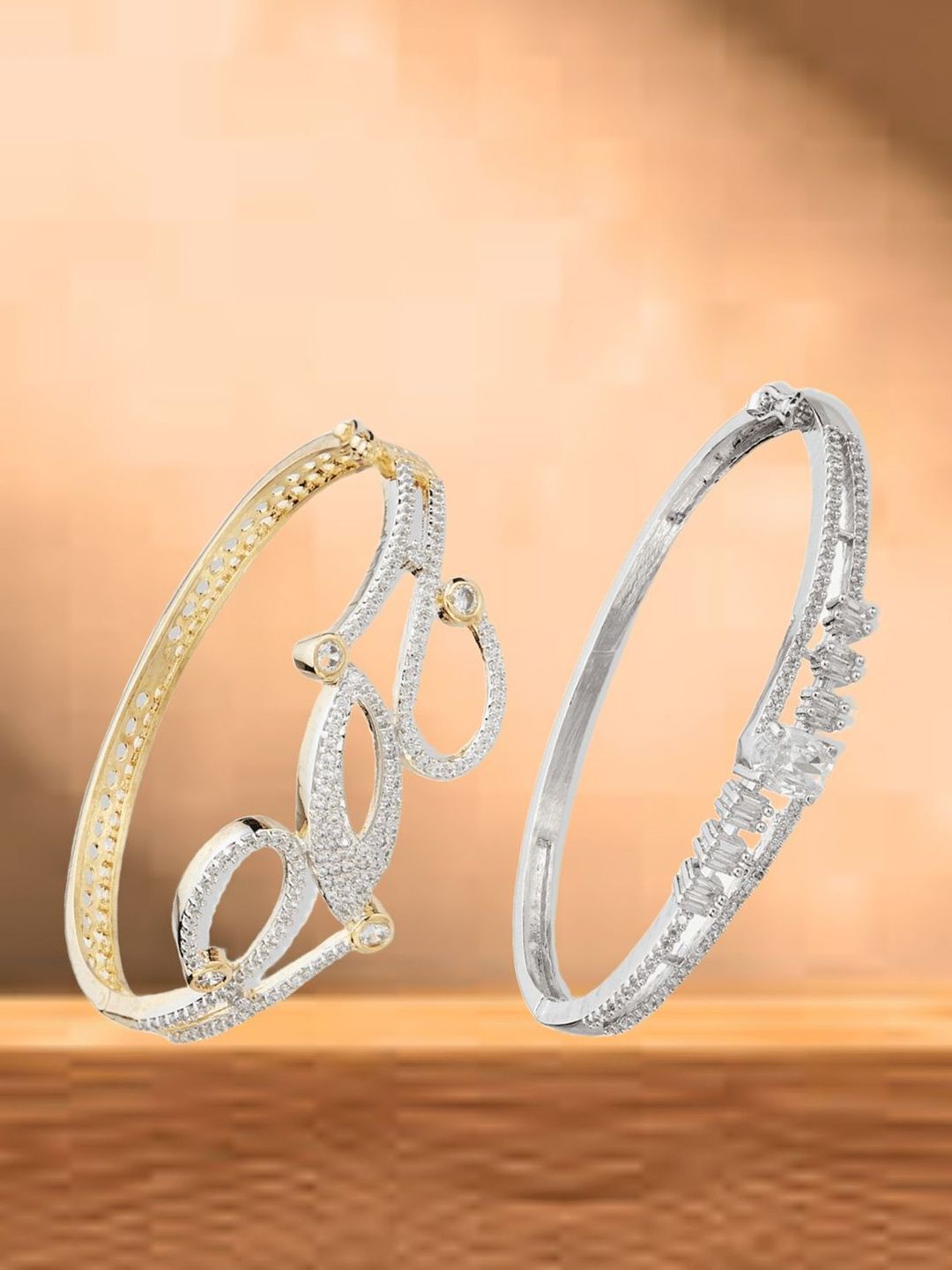 ATIBELLE Women 2 Brass Cubic Zirconia Silver-Plated Bangle-Style Bracelet