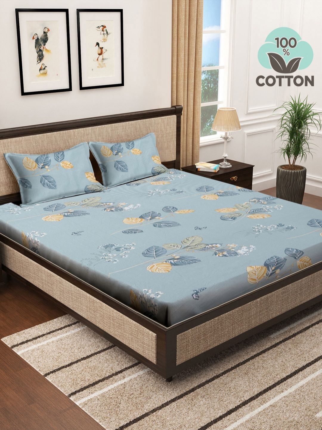 Myntra Elegant Homes Grey & White Floral Printed Flat 400 TC Cotton King Bedsheet with 2 Pillow Covers-picture-15