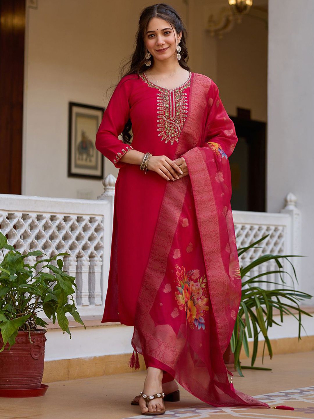 CaniBani Yoke Design Straight Chanderi Silk Kurta With Trousers & Dupatta-picture-41