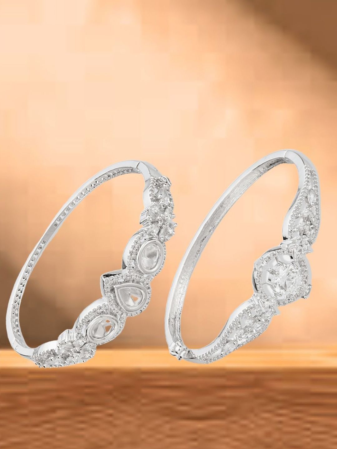 ATIBELLE Women 2 Brass Cubic Zirconia Silver-Plated Bangle-Style Bracelet