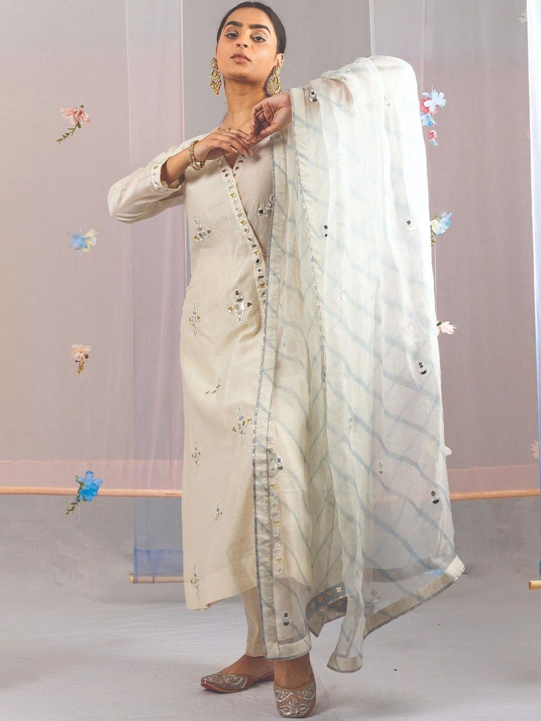 Kyra Women Embroidered Regular Mirror Work Chanderi Cotton Kurta with Trousers & With Dupatta-image-25