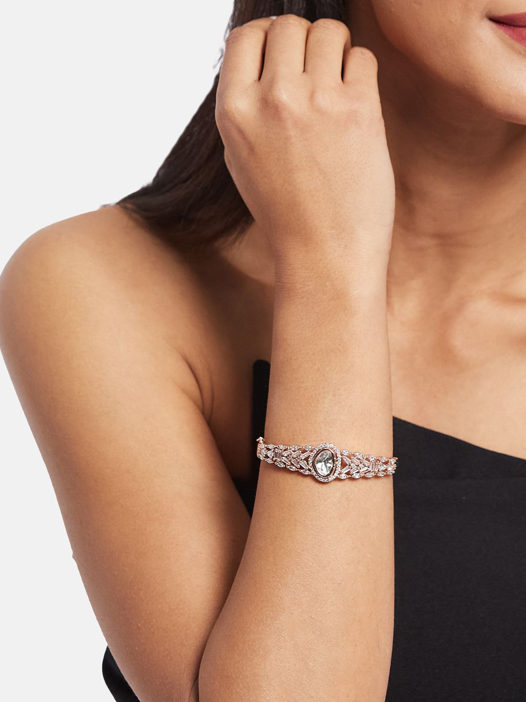 ATIBELLE Women 2 Brass Cubic Zirconia Rose Gold-Plated Link Bracelet