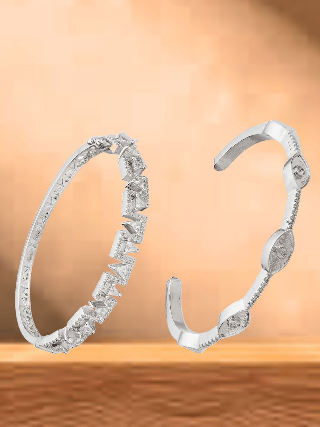 ATIBELLE Women 2 Brass Cubic Zirconia Silver-Plated Bangle-Style Bracelet