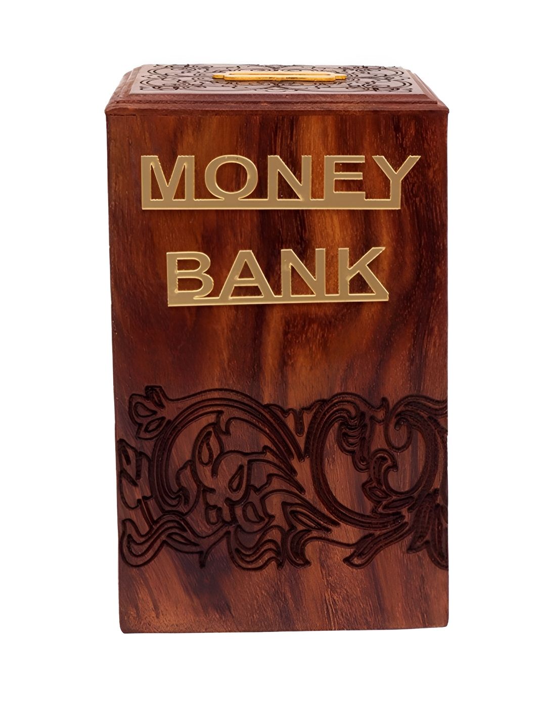 EXIM DECOR Brown Rustic Sheesham Wooden Carving With Key Piggy Bank-picture-57