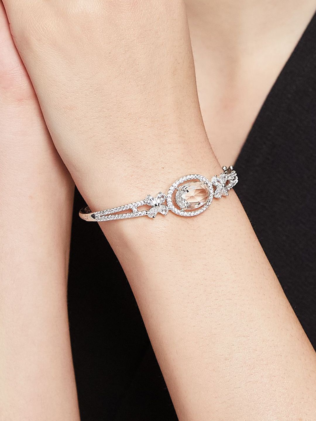 ATIBELLE Women 2 Brass Cubic Zirconia Silver-Plated Bangle-Style Bracelet