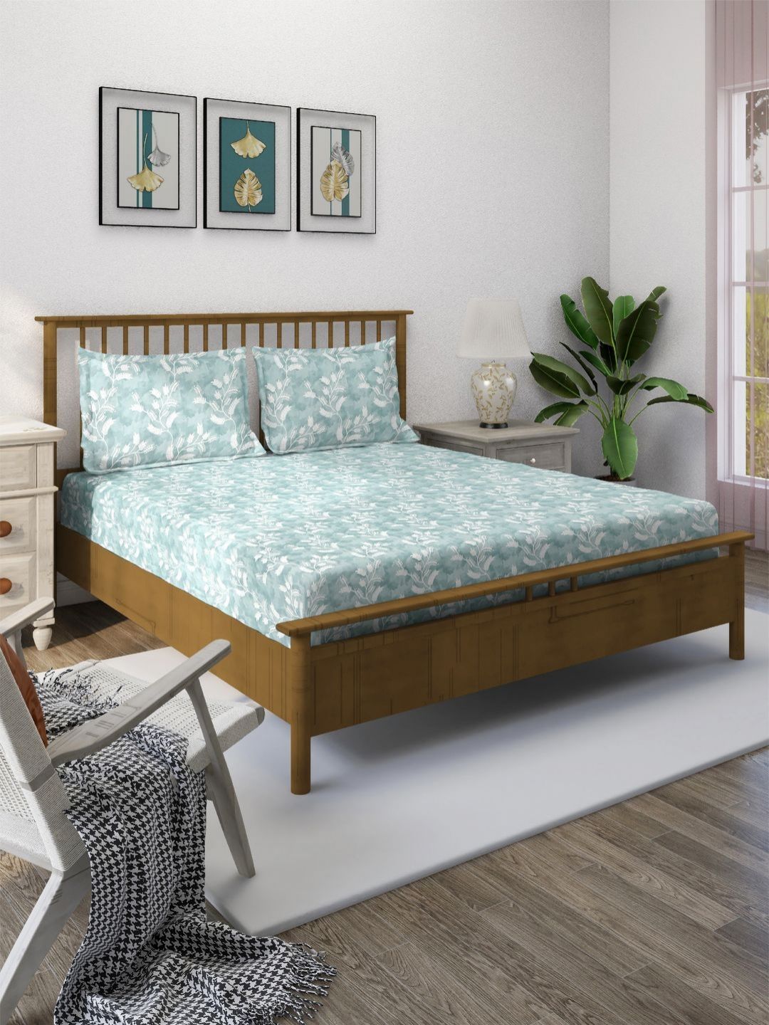 SWAYAM Vedda Green & White Floral Printed Cotton 160 TC King Bedsheet Set-picture-13