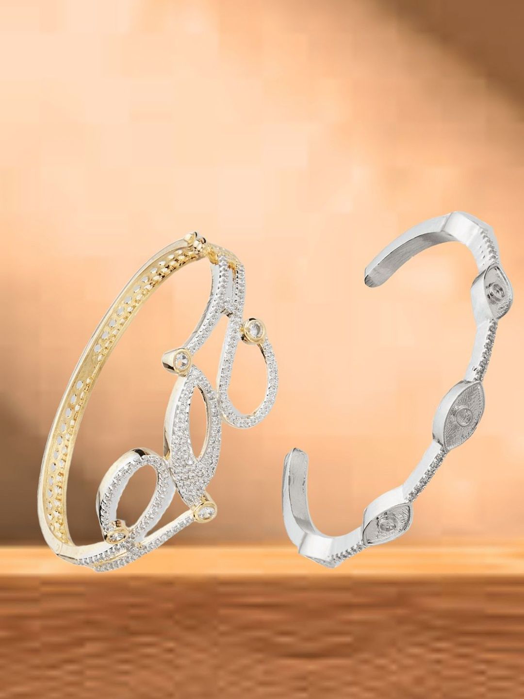 ATIBELLE Women 2 Brass Cubic Zirconia Silver-Plated Cuff Bracelet