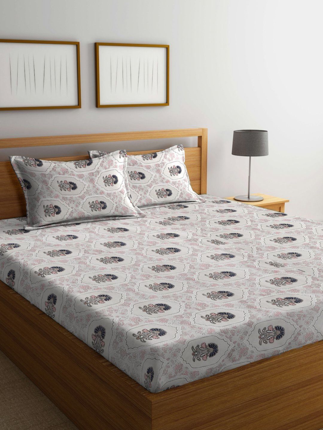 Myntra Elegant Homes Grey & Navy Blue Floral Printed Fitted 300 TC Super King Bedsheet with 2 Pillow Covers-picture-19