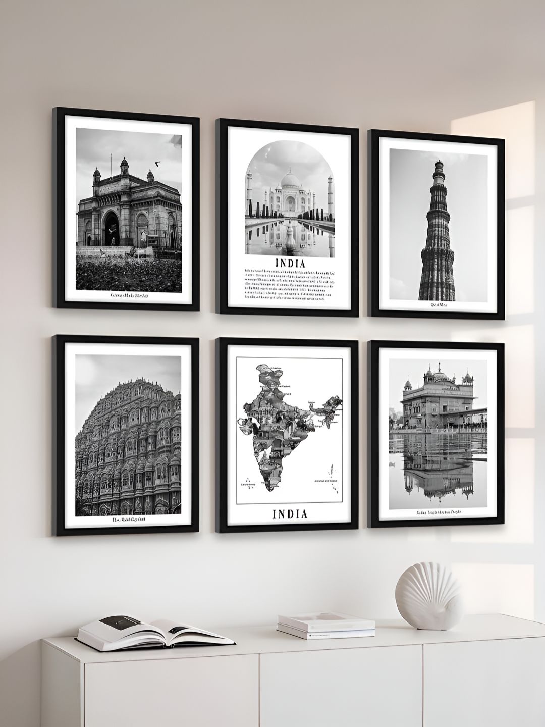 Art Street Black & White 6 Pieces India Heritage Printed Wooden Wall Art-picture-31