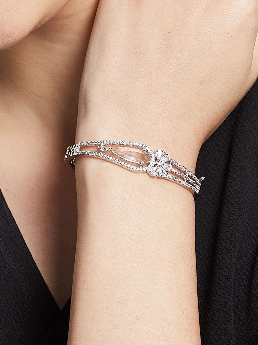 ATIBELLE Women 2 Brass Cubic Zirconia Silver-Plated Bangle-Style Bracelet