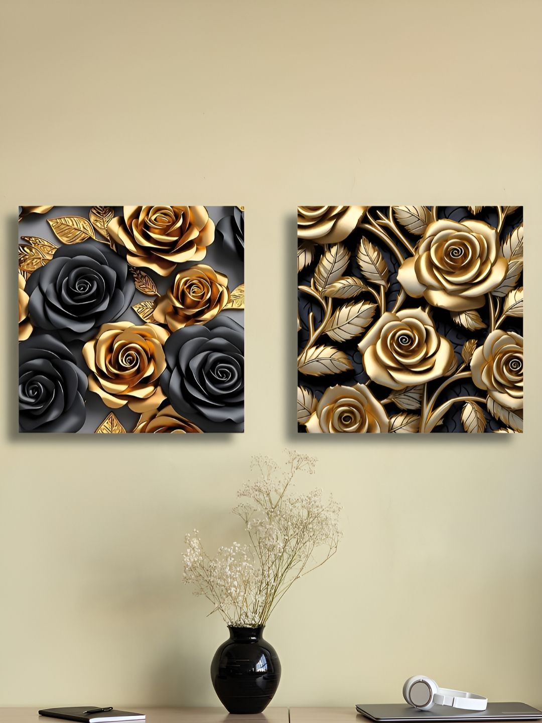 RANDOM 2 Pieces Black & Yellow Floral And Botanical Canvas Wall Art-picture-40