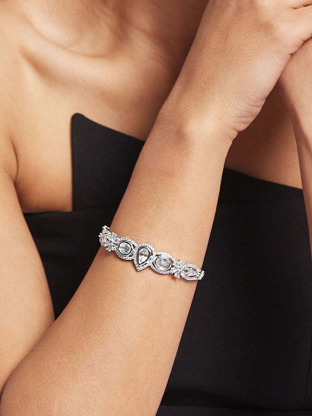 ATIBELLE Women 2 Brass Cubic Zirconia Silver-Plated Bangle-Style Bracelet