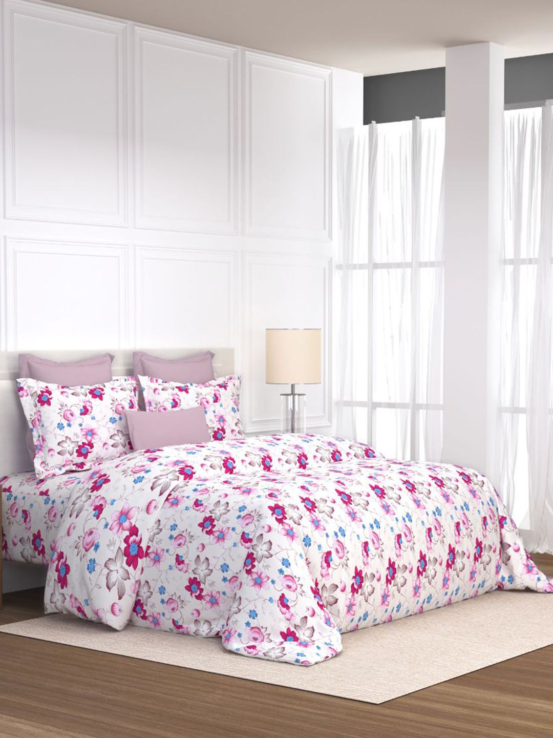 LABHAM Pink & White Floral 180 TC King Bedsheet with 2 Pillow Covers-picture-11