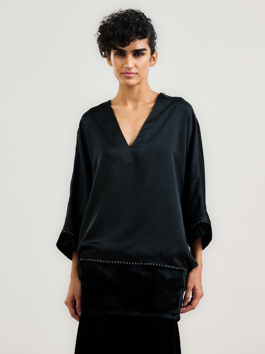 OTT Tarun Tahiliani Solid Studded Extended Sleeves Longline Top-picture-38