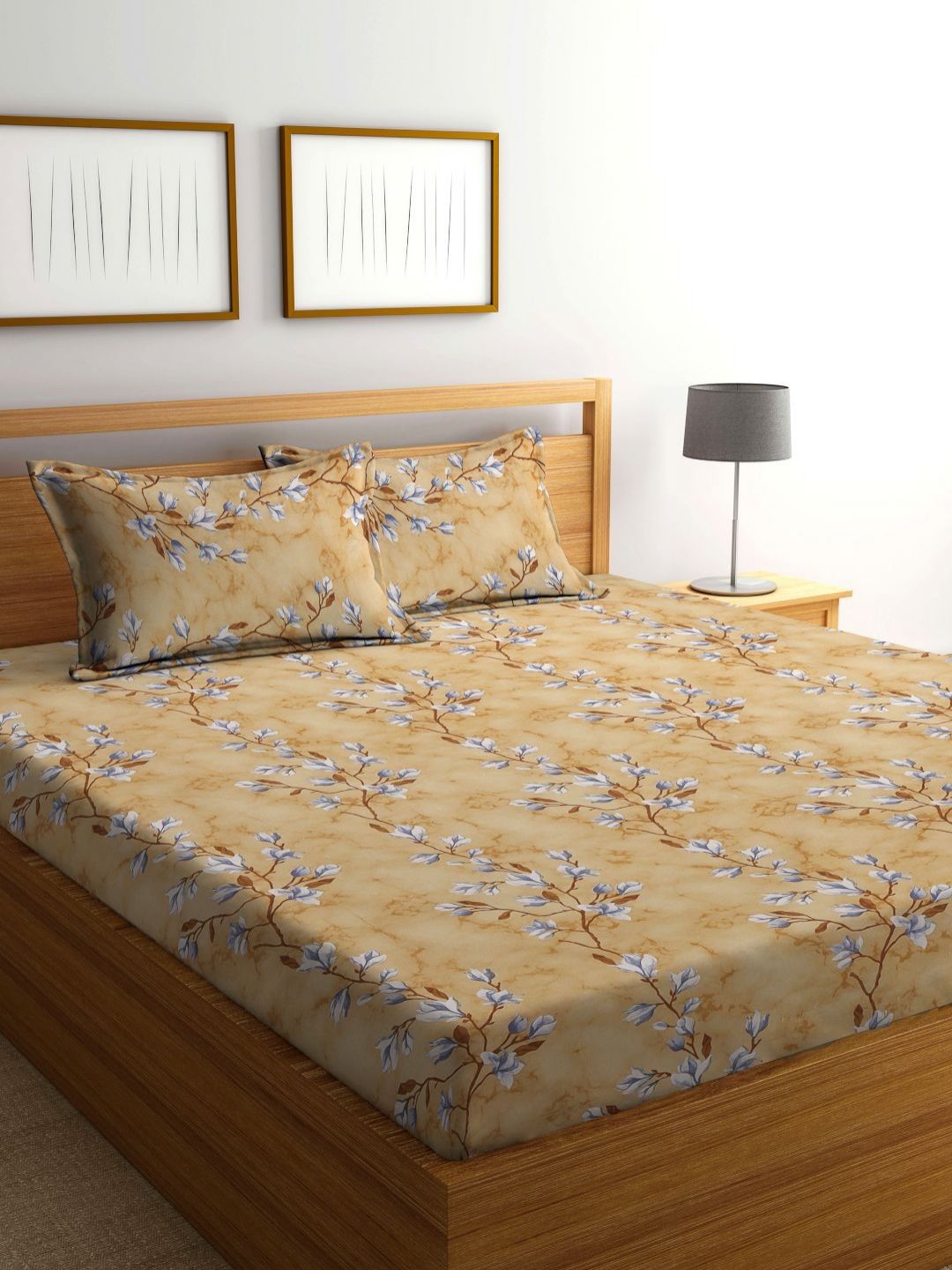 Myntra Elegant Homes White & Yellow Floral Printed Flat 400 TC Cotton King Bedsheet with 2 Pillow Covers-image-40