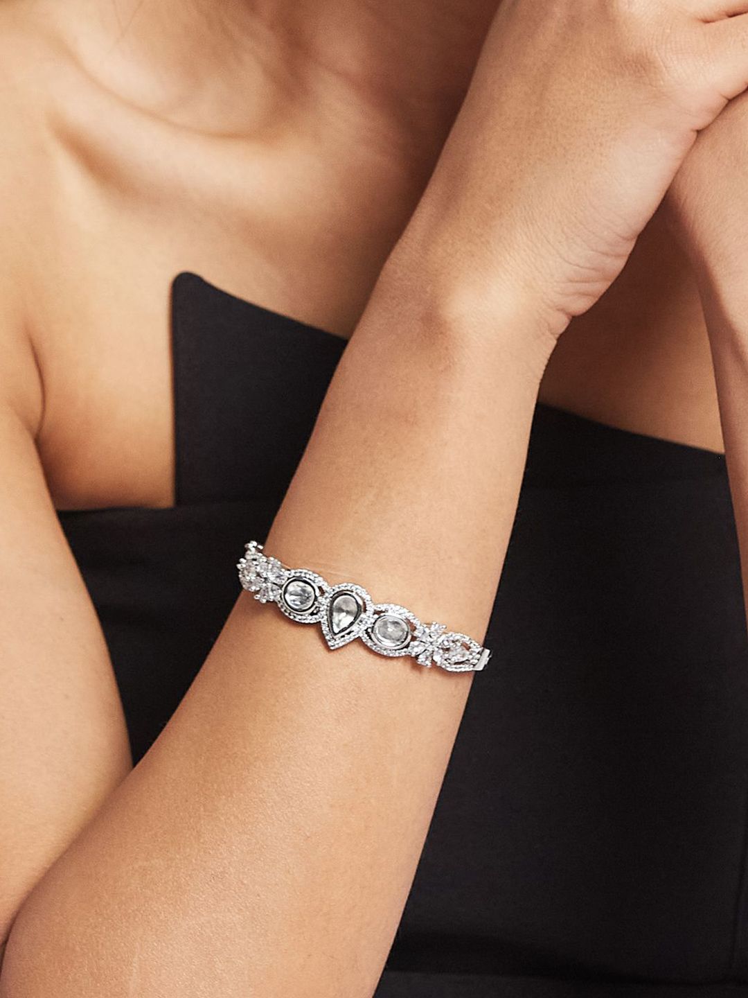 ATIBELLE Women 2 Brass Cubic Zirconia Silver-Plated Bangle-Style Bracelet