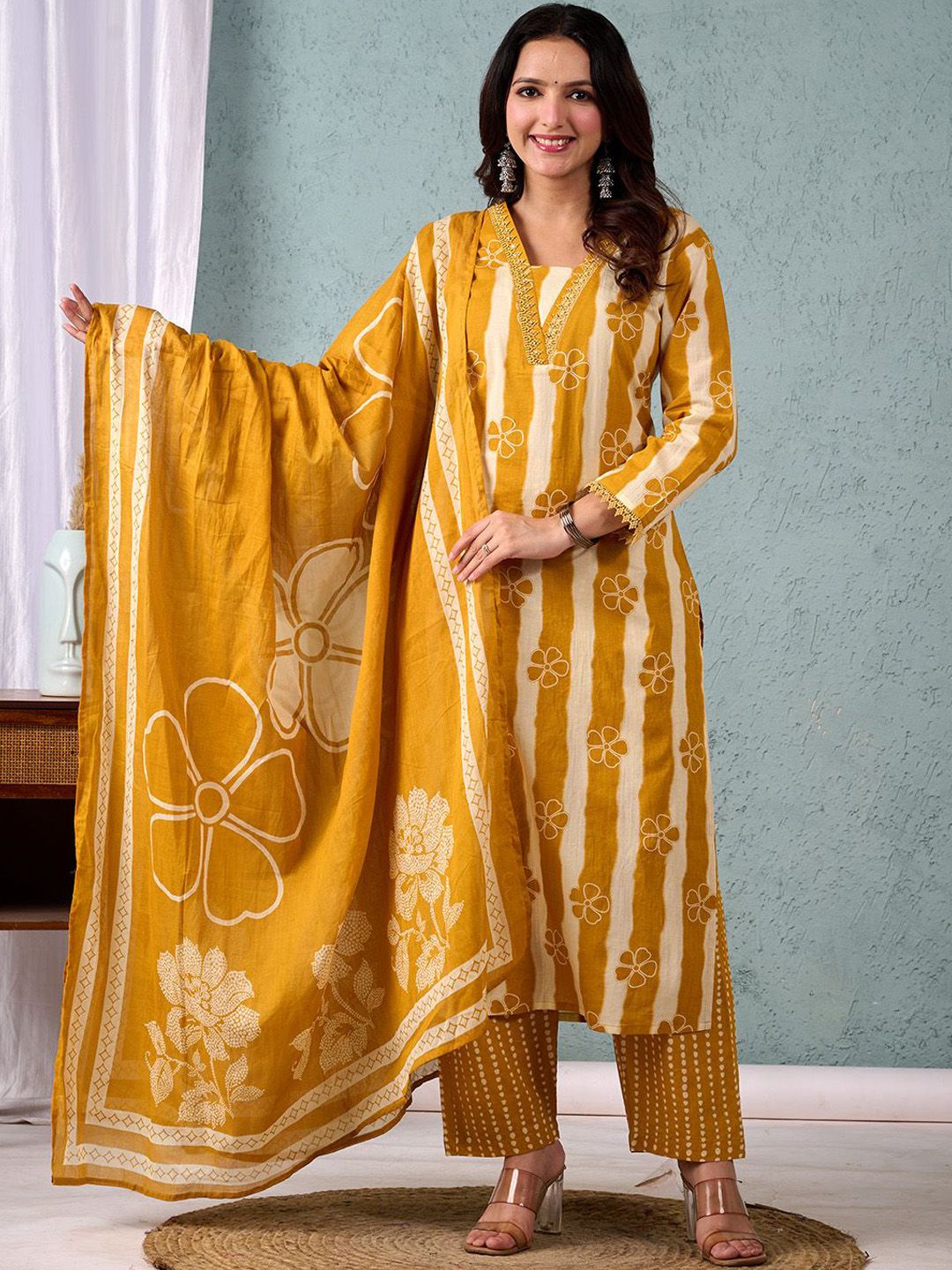 Varanga Women Striped Regular Pure Cotton Kurta with Trousers & With Dupatta-picture-13