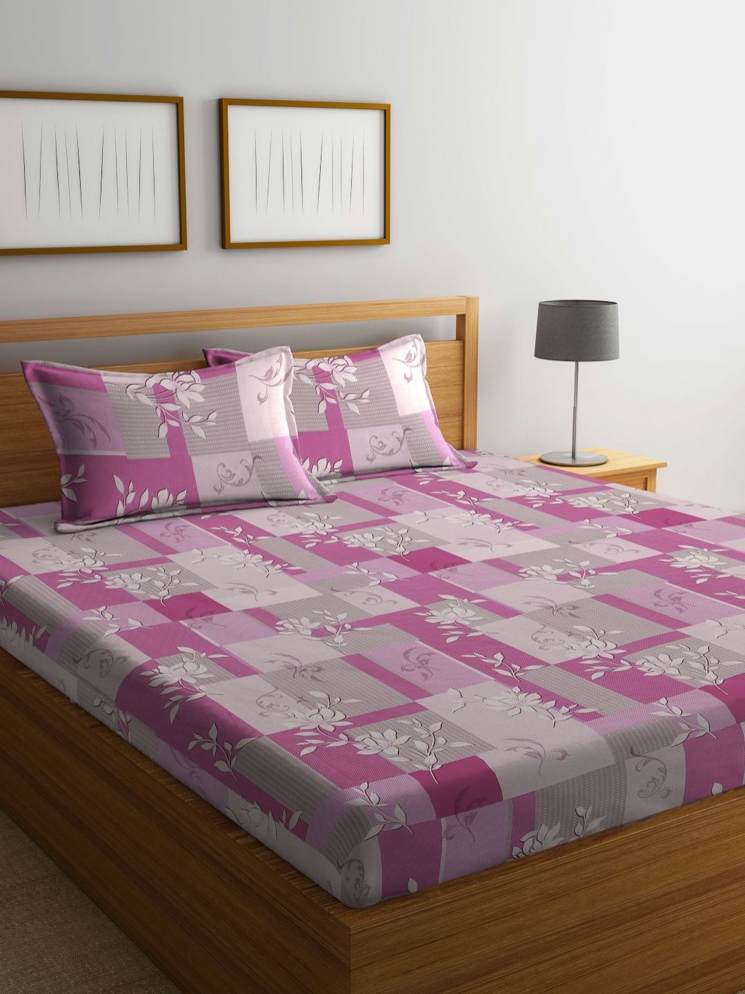 Myntra Elegant Homes White & Grey Floral Printed Flat 400 TC Cotton King Bedsheet with 2 Pillow Covers-picture-14