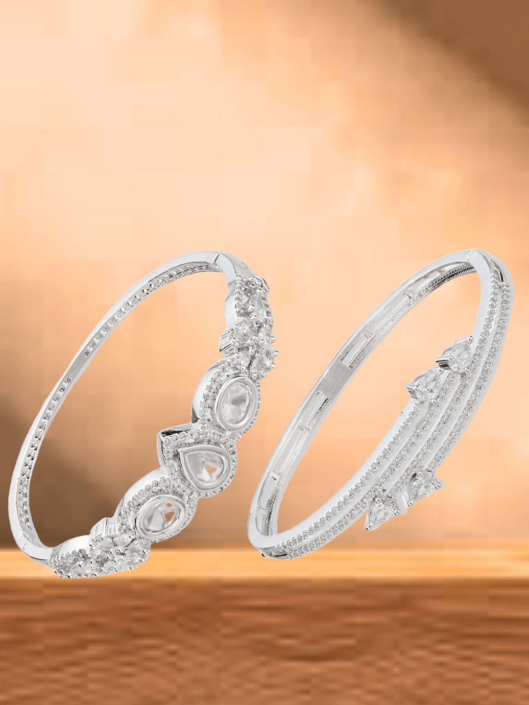 ATIBELLE Women 2 Brass Cubic Zirconia Silver-Plated Bangle-Style Bracelet