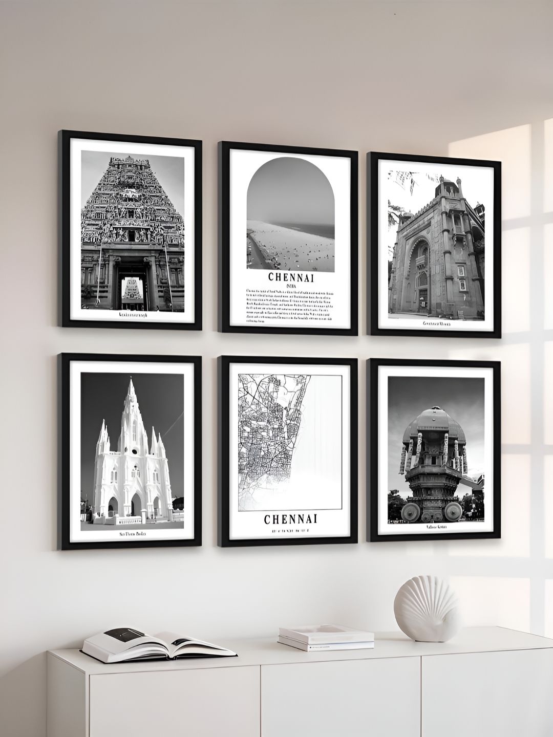 Art Street Black & White 6 Pieces Chennai Printed Wooden Wall Art-picture-39