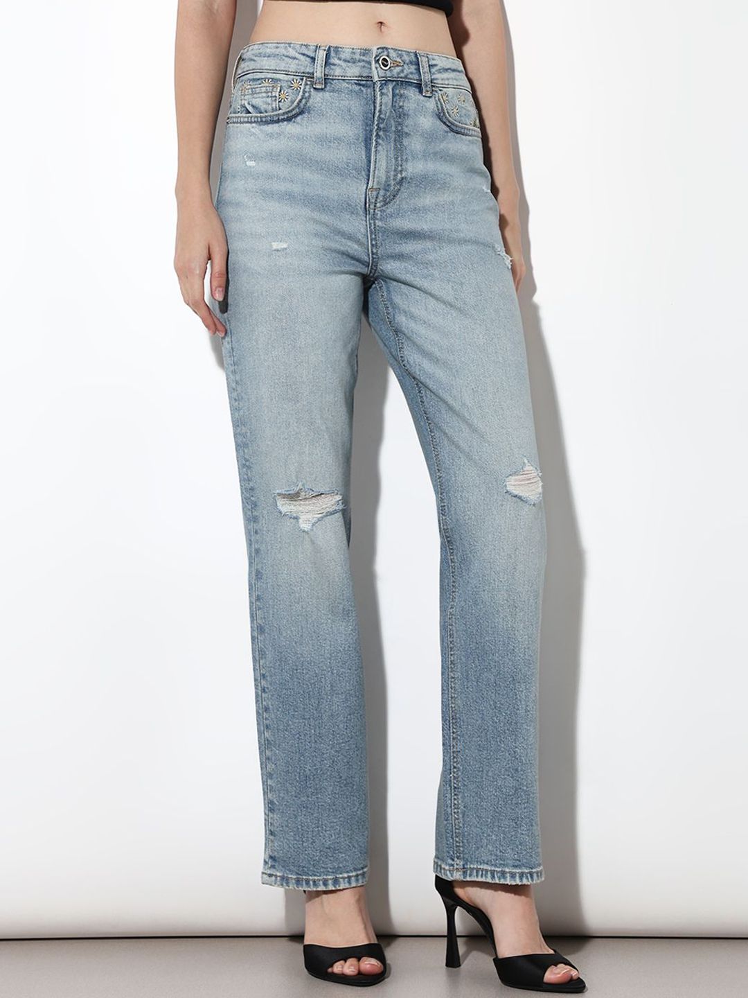 ONLY Women High-Rise Mildly Distressed Light Fade Embroidered Stretchable Jeans-picture-44