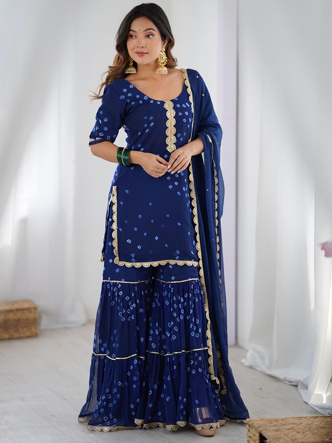 Bandhani Printed Gotta Patti Straight Kurta With Trouser & Dupatta