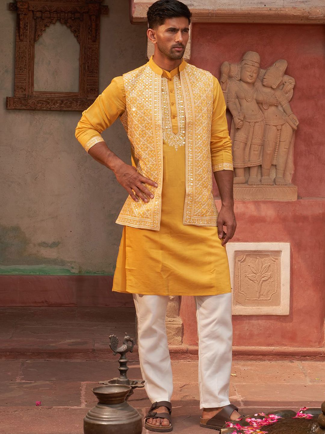 Jompers Men Embroidered Chikankari Kurta with Pyjamas With Waistcoat-picture-38