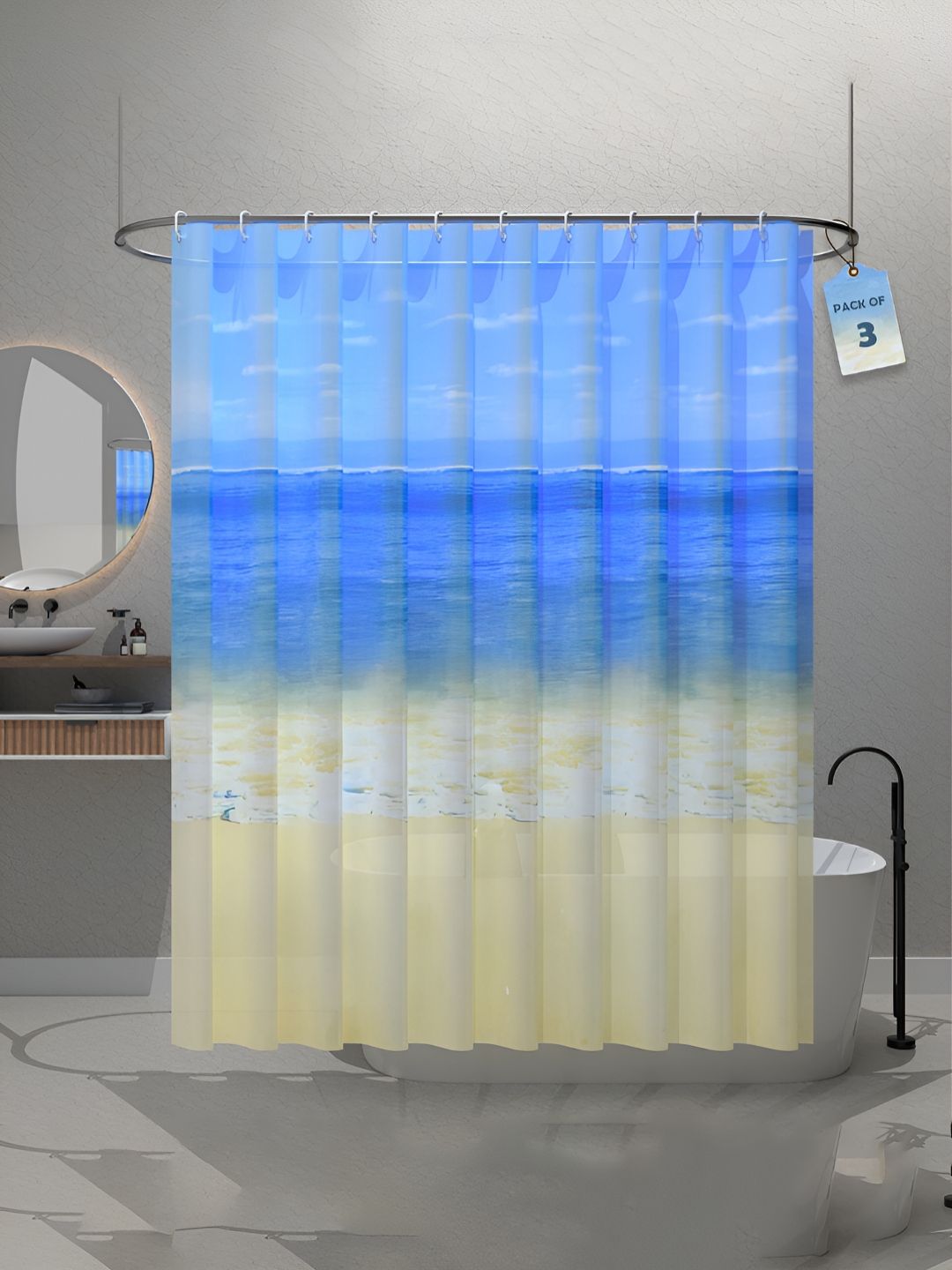 Aura 3-Pcs Blue & Beige Beach Printed Waterproof ShowerCurtainWithHooks-picture-12