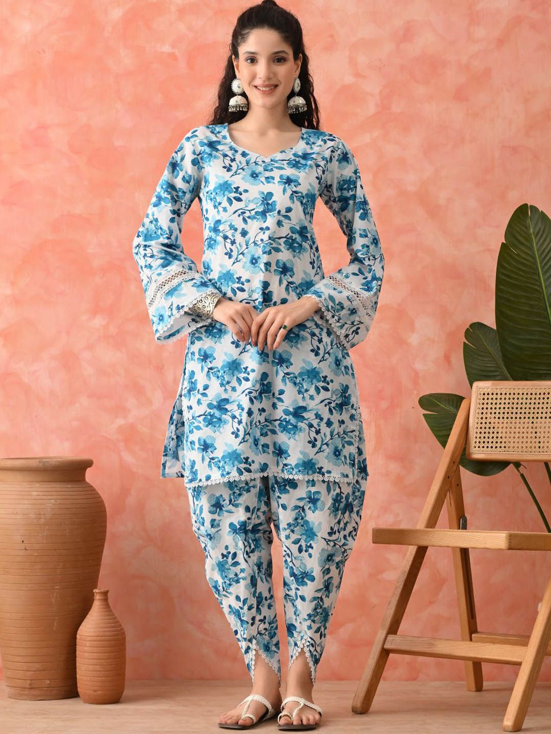 Sangria Women Floral Printed Cotton Kurta with Dhoti Pant