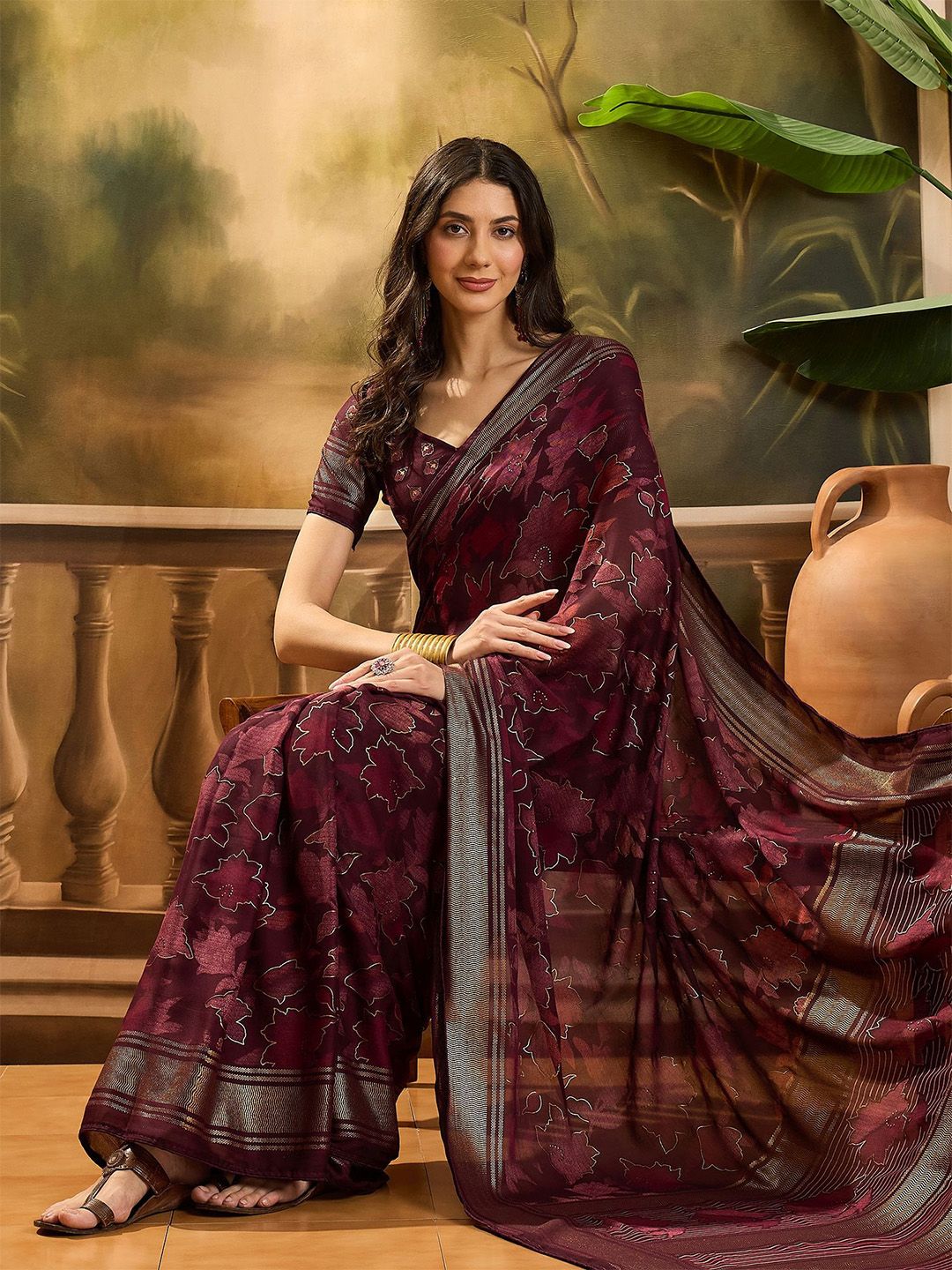 Sangria Floral Printed & Embellished Saree With Blouse Piece-picture-23