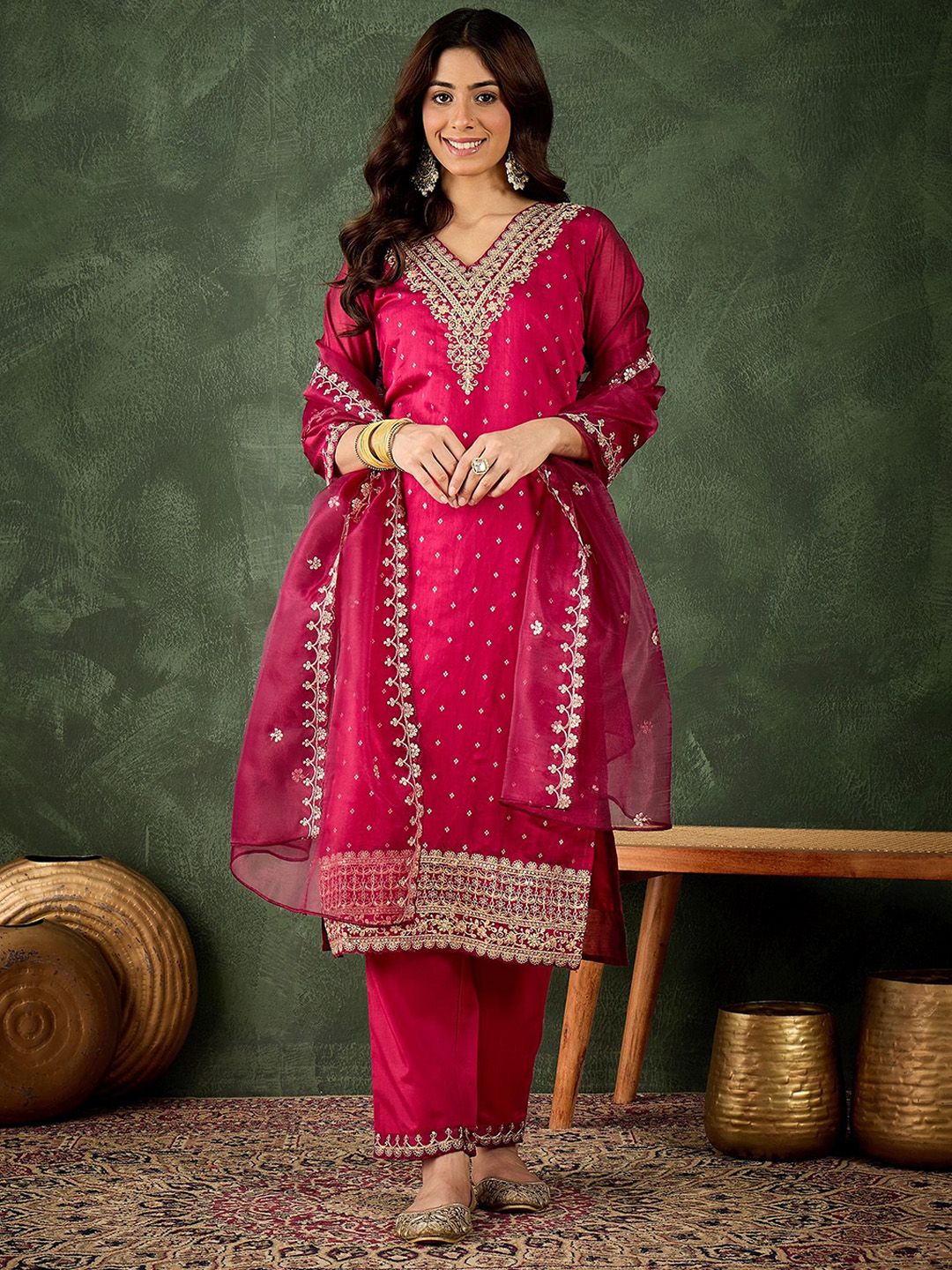 VredeVogel Floral Embroidered Sequinned Kurta With Trousers & Dupatta