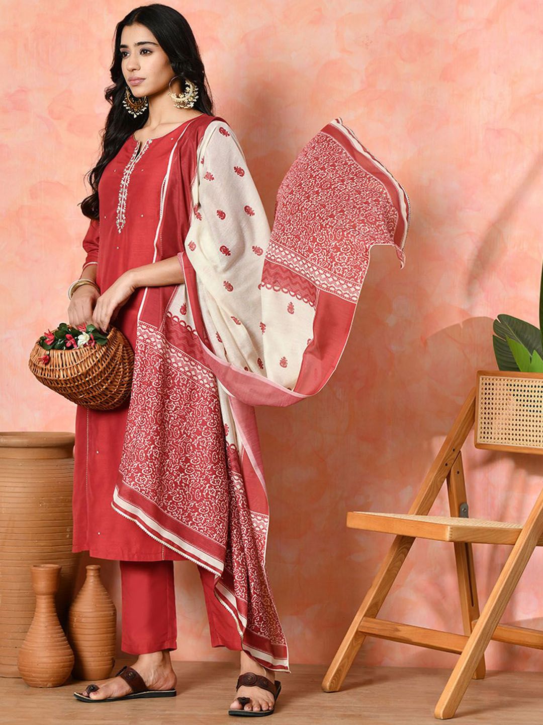 Sangria Women Ethnic Motifs Embroidered Solid Straight Kurta Trouser With Dupatta