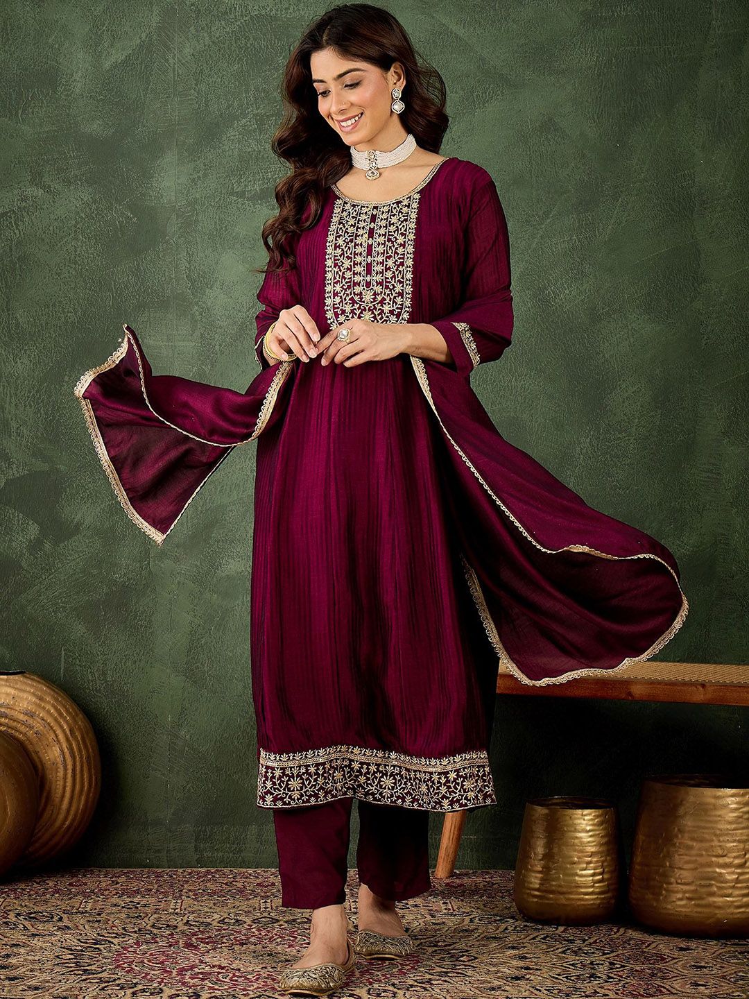 VredeVogel Floral Embroidered Thread Work Kurta With Trousers & Dupatta