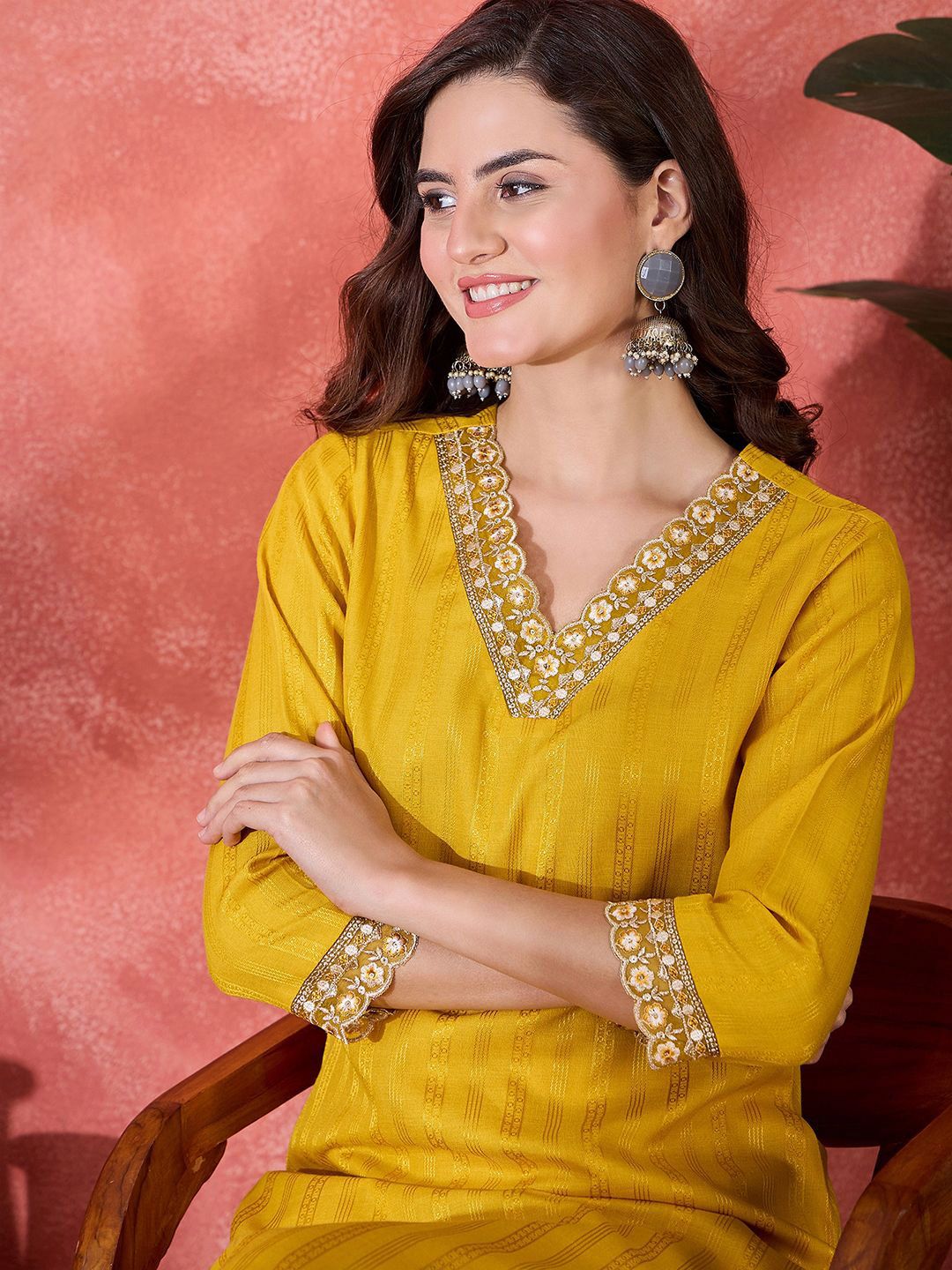 Sangria Women Floral Embroidered Kurta with Trousers