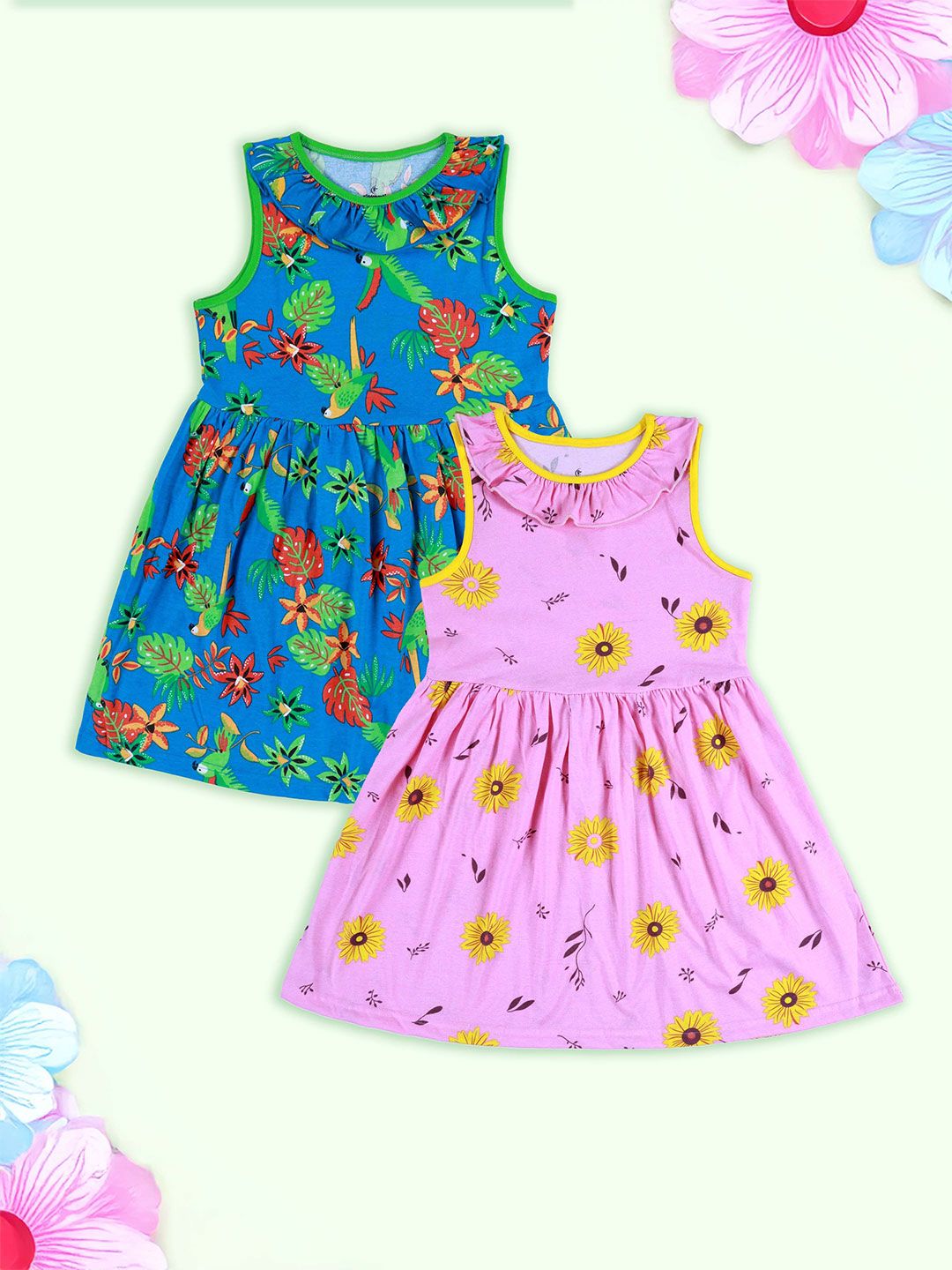 KiddoPanti Kids Girls Pack of 2 Floral Printed Round Neck Pure Cotton A-Line Dress-picture-11