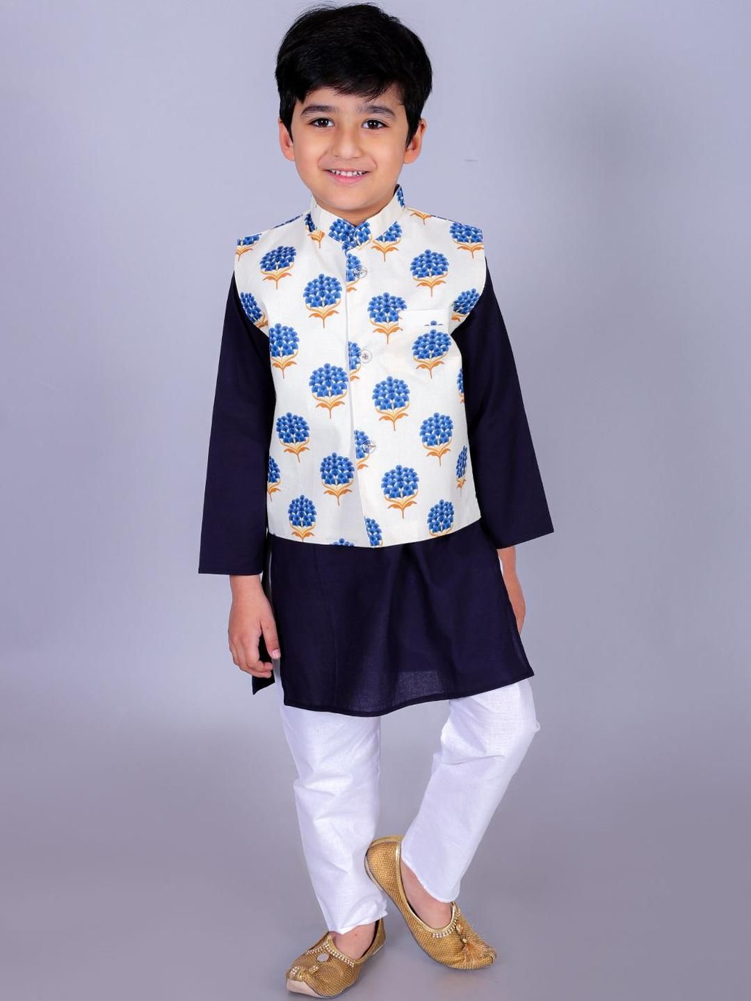 FabJunior Boys Navy Blue Pure Cotton Kurta Sets-picture-11