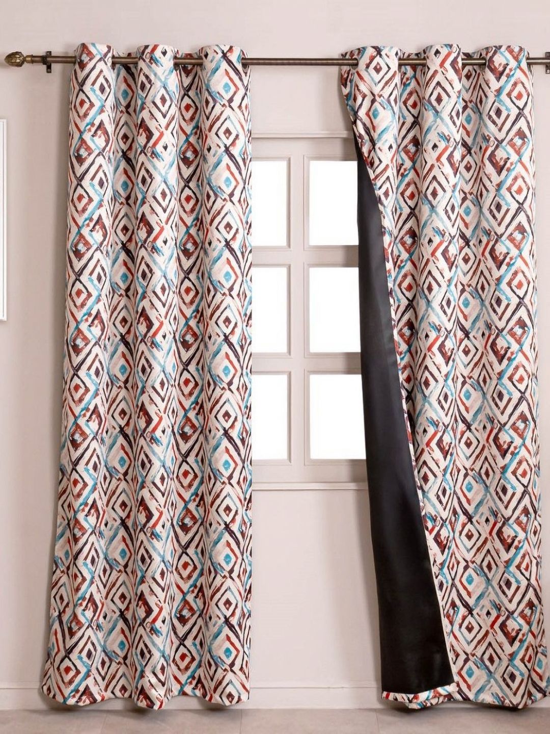 HOMEMONDE White & Blue 2 Pieces Geometric Black Out Door Curtain
