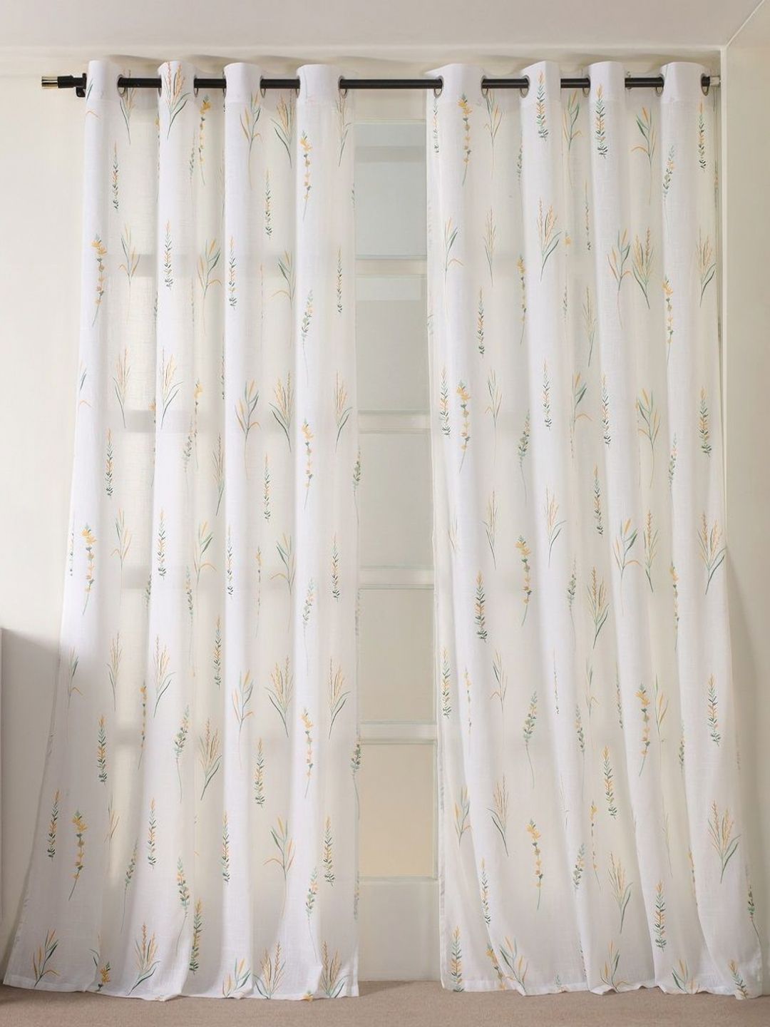HOMEMONDE White & Yellow Set of 2 Floral Sheer Window Curtain-image-38