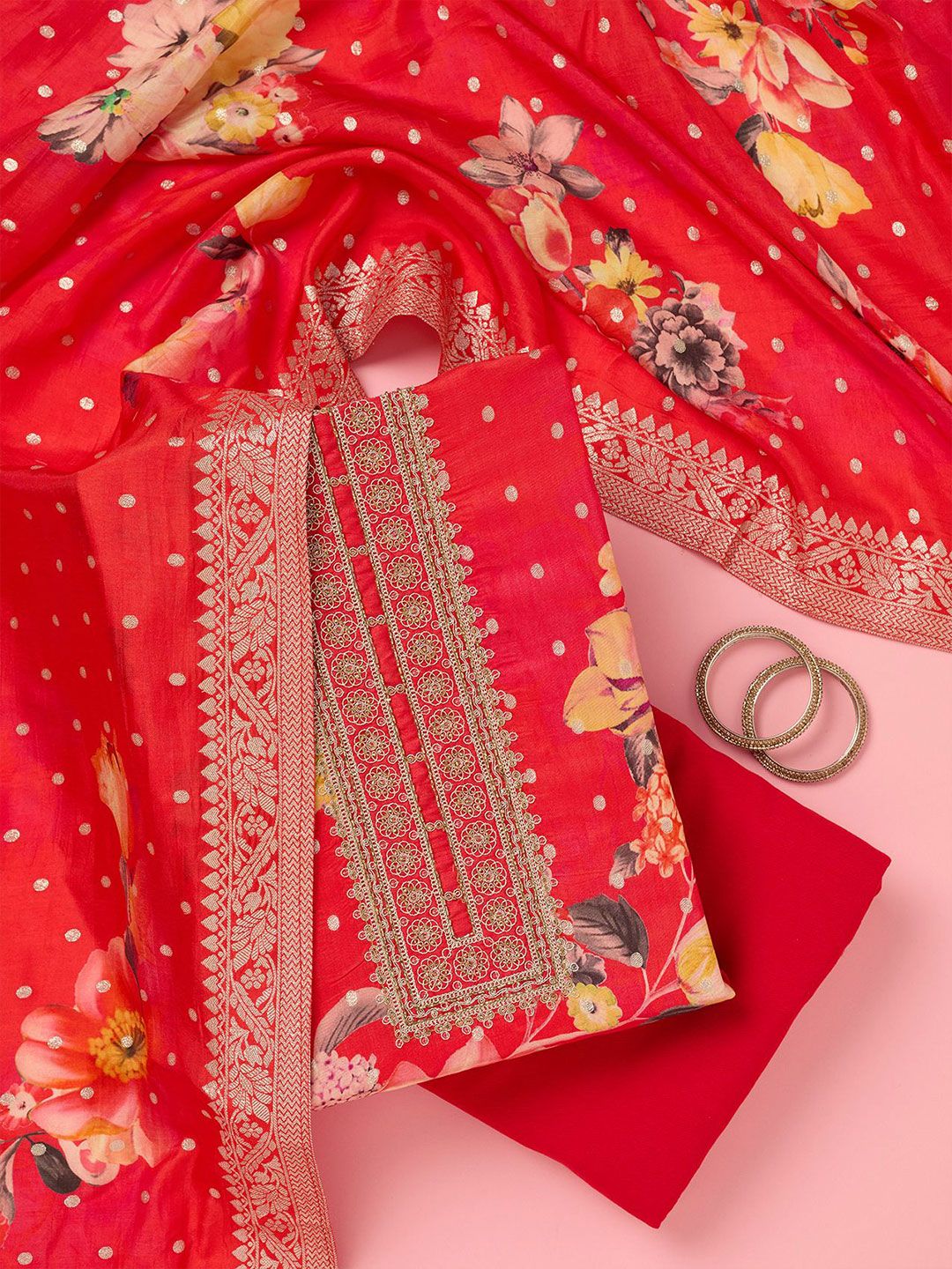 Koskii Floral Printed Zari Work Unstitched Dola Silk Dress Material